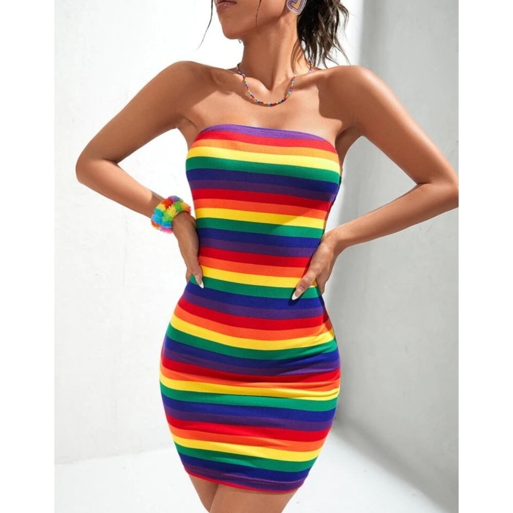 Rainbow Stripe Tube Dress Bodycon Stretchy Size XS-XL Available - Picture 1 of 12